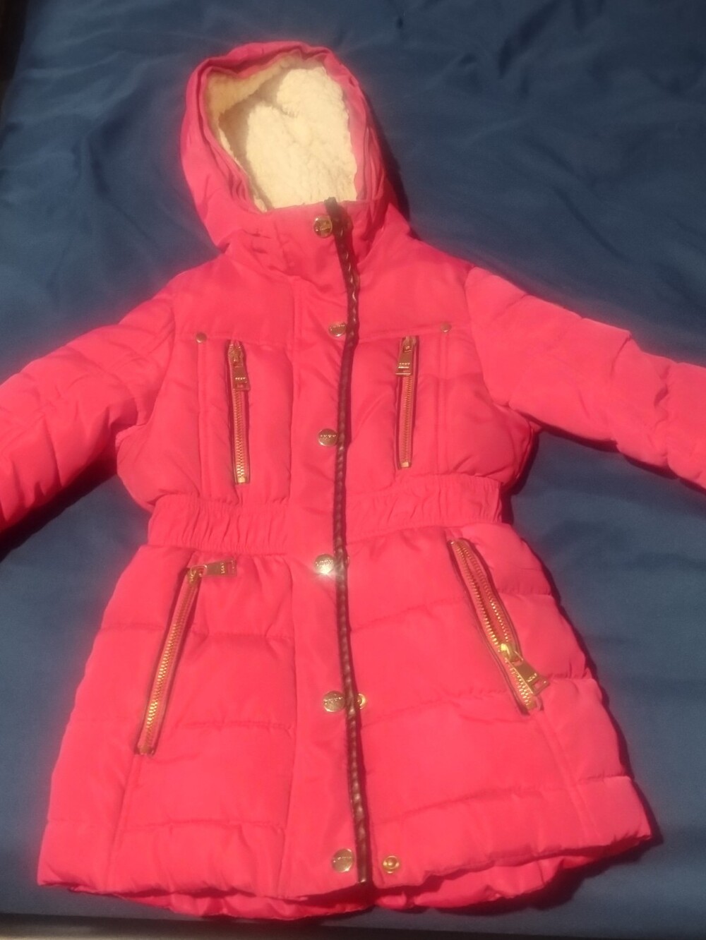 Girls' Pink Hooded Puffer Coat with Faux Sherpa Lining DkNY